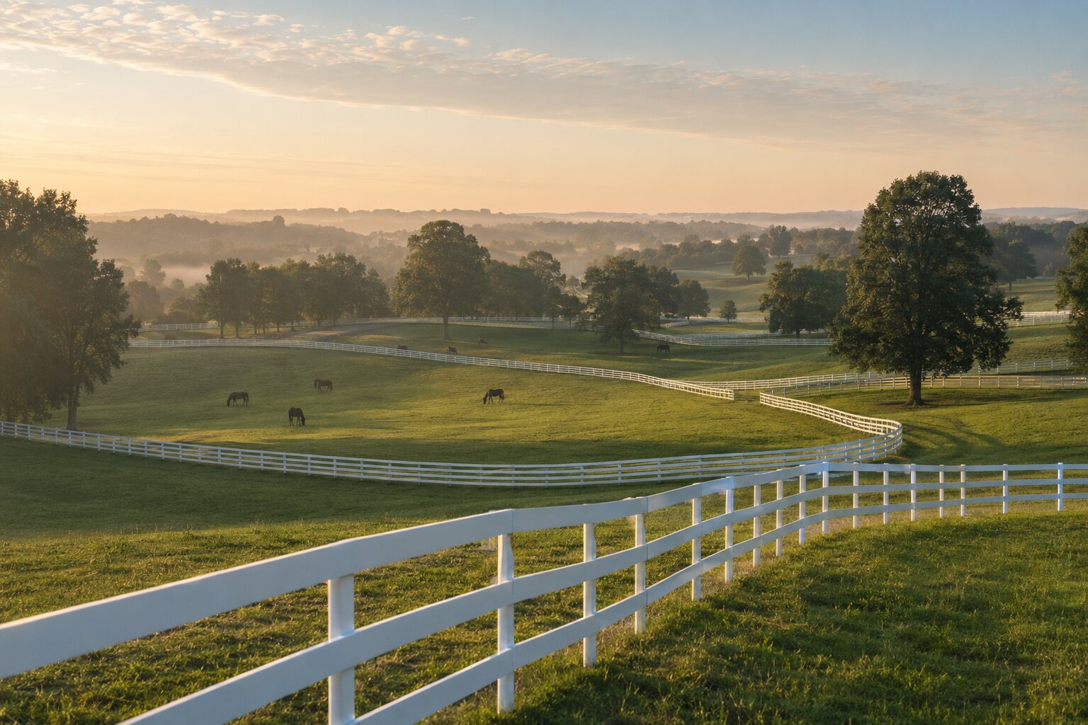 Rolling Kentucky pastures with thoroughbred horses and white fences in early morning light