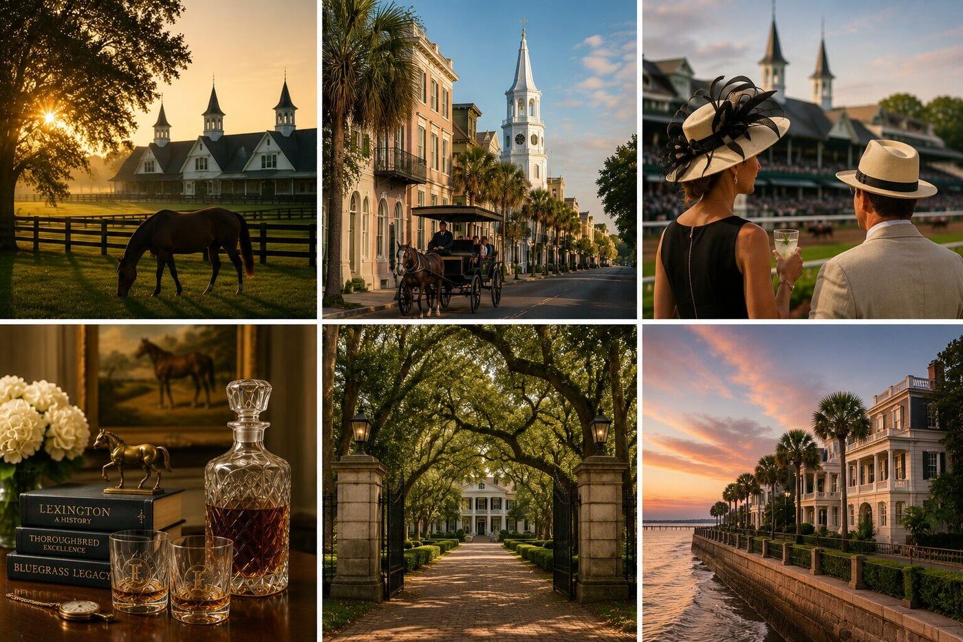 Editorial collage of Kentucky horse country, Charleston streets, race-day style, bourbon, Southern estates, and the Battery