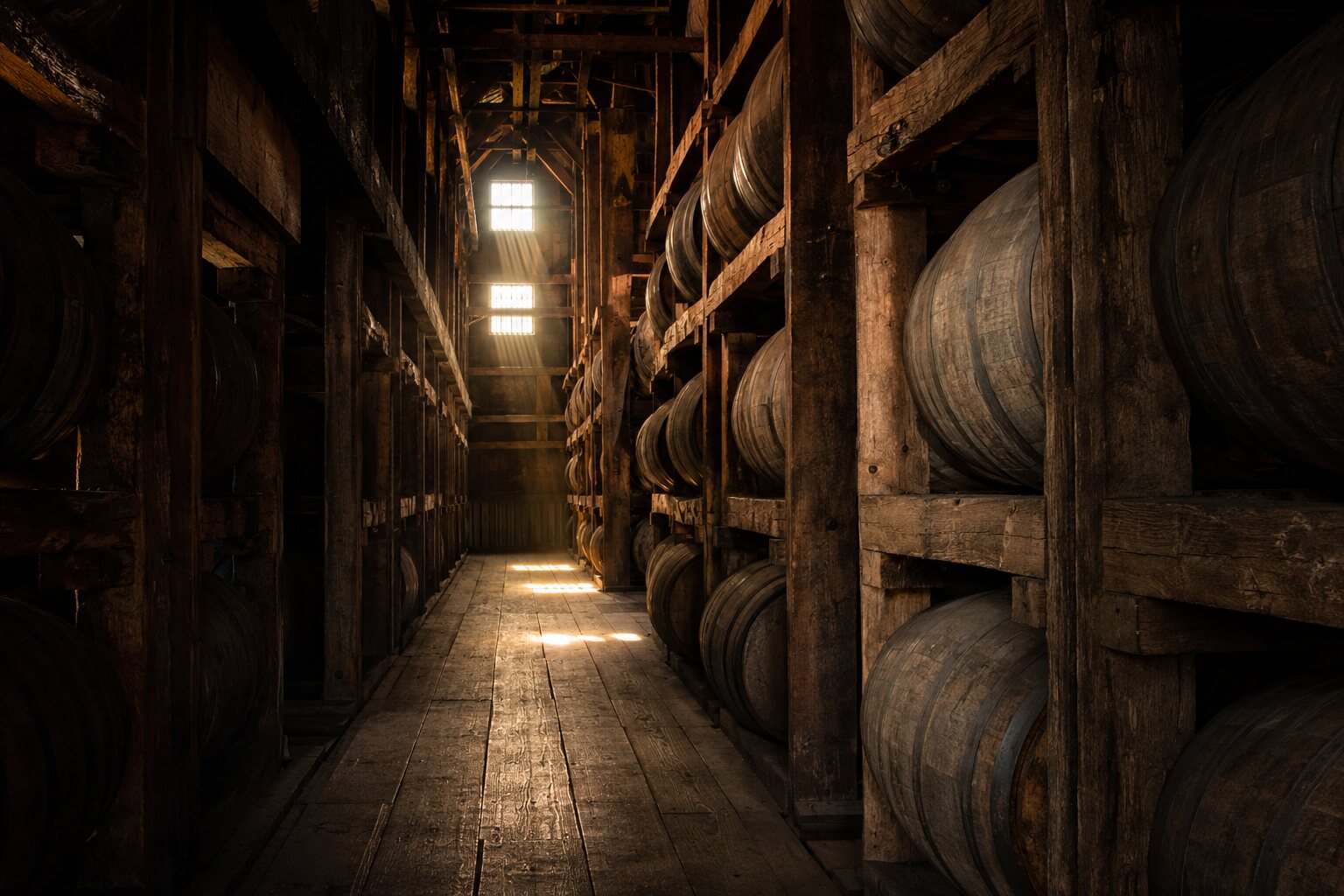 Rows of unbranded bourbon barrels in a timber Kentucky rickhouse lit by amber sunbeams
