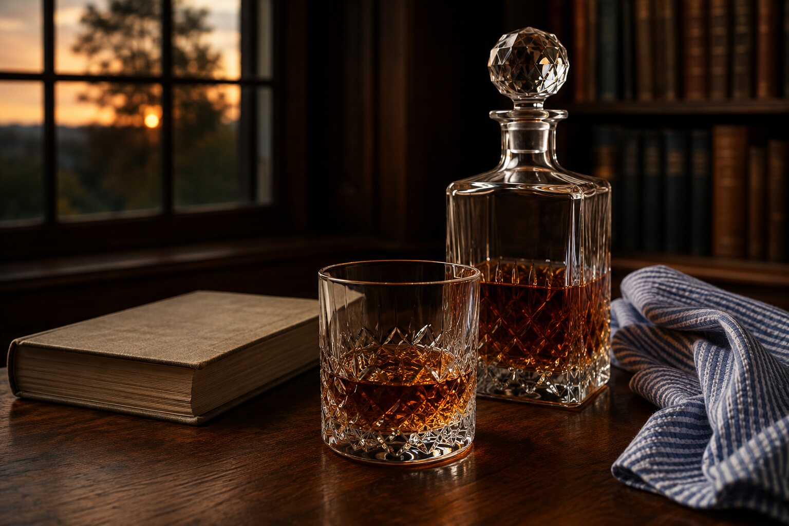 An unbranded bourbon decanter and crystal glass beside blue-and-white seersucker and a linen-bound book