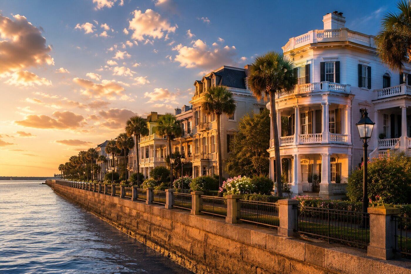 Historic homes and palm trees along Charleston's Battery at sunset