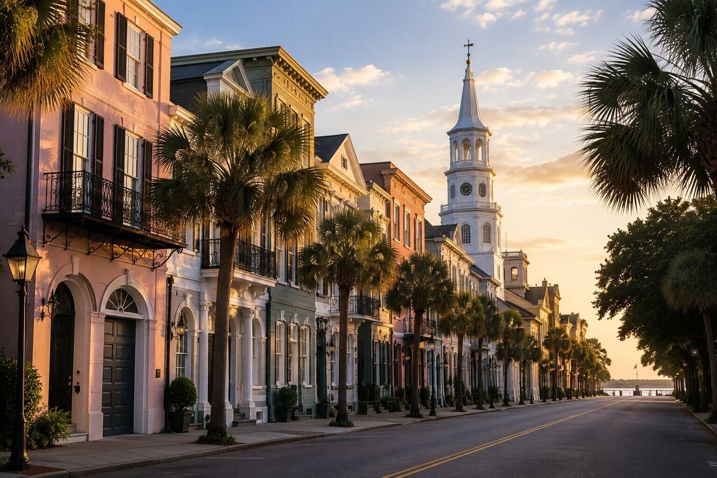 Historic Charleston street with pastel houses, palm trees, and a church steeple at golden hour