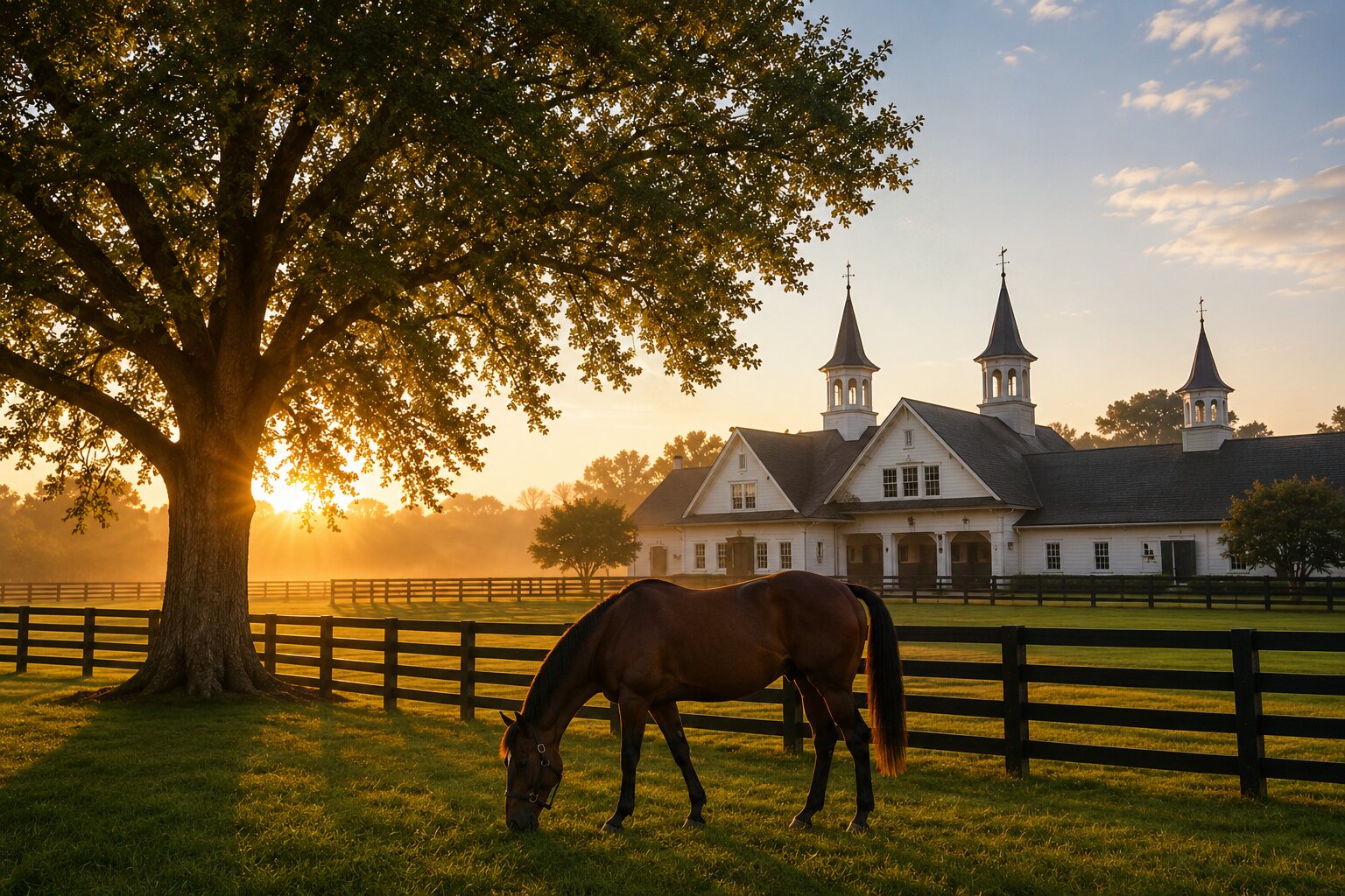 A thoroughbred grazes beneath a mature oak before a white Kentucky horse farm at sunset