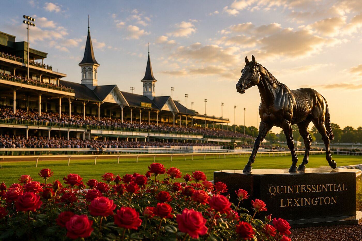 Horse statue, red roses, and grandstand at a Lexington racetrack during golden hour