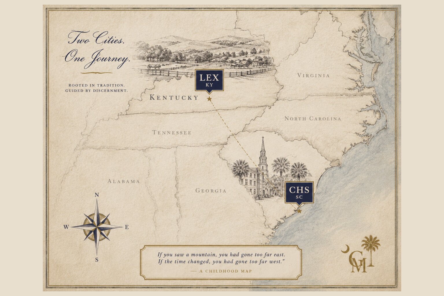 Vintage illustrated map linking Lexington, Kentucky, and Charleston, South Carolina