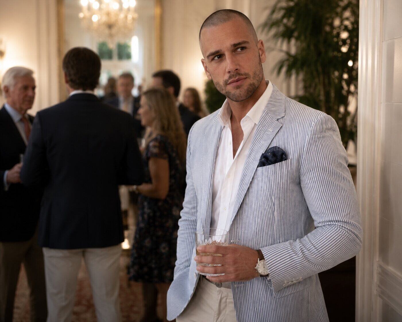 Man in a blue-and-white seersucker jacket holding a drink at an elegant reception
