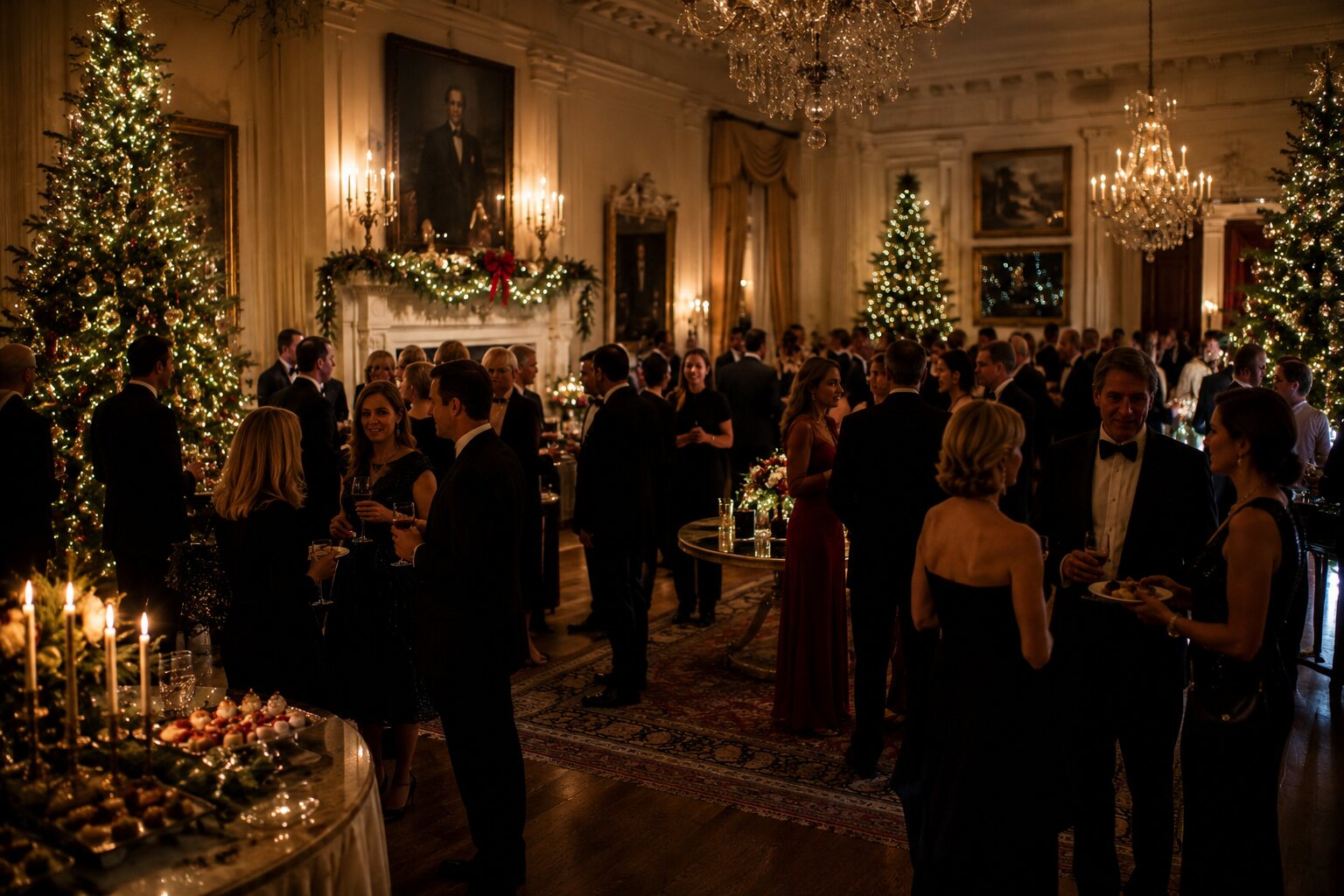 Guests in formal evening wear at an elegant Kentucky Christmas party