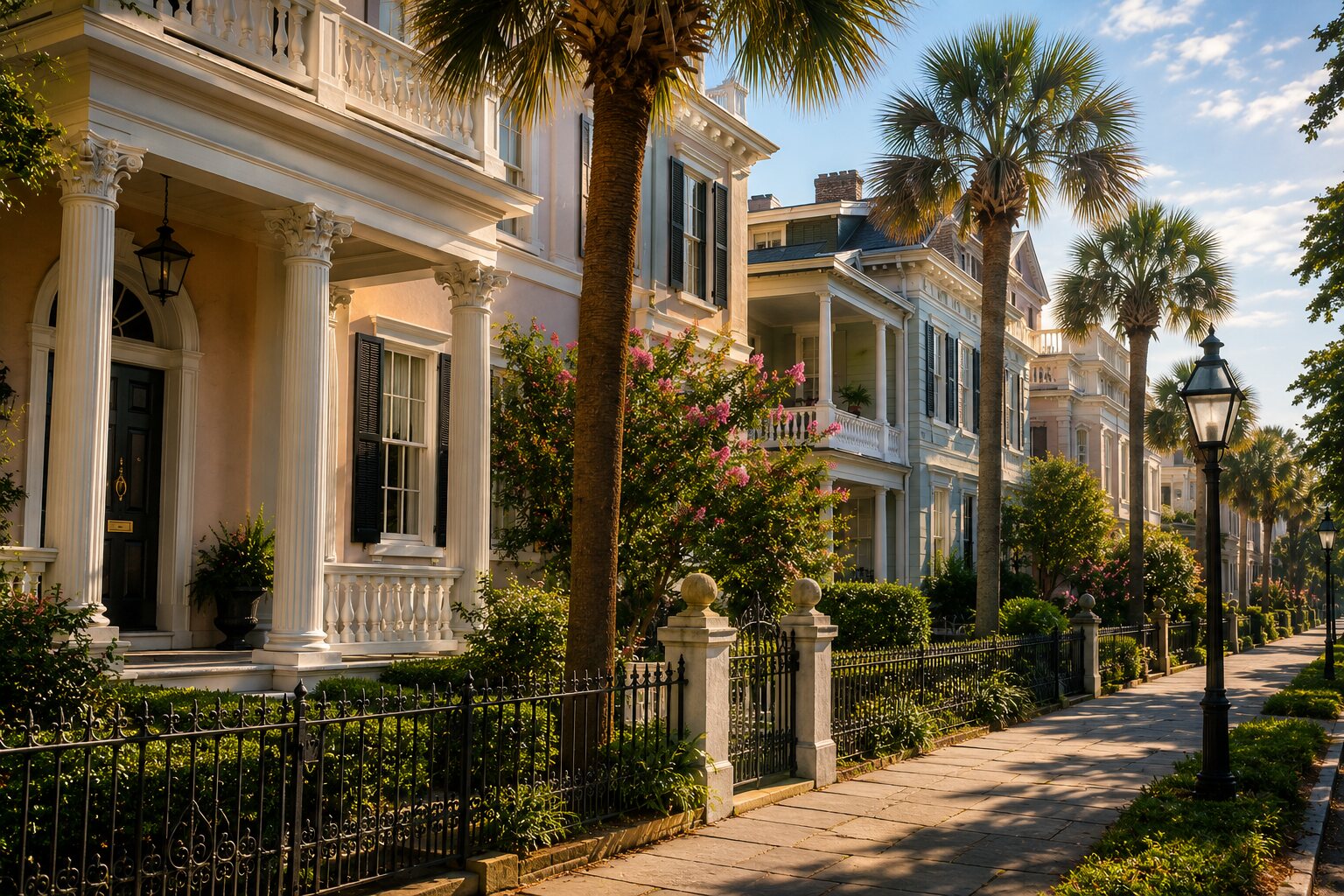 Historic homes, palm trees, and wrought-iron fences along South Battery in Charleston